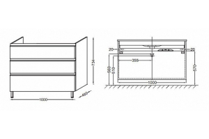 EB2045-RA-G1C VOX Мебель для раковины-столешницы (100 см) с 3 выдвижными ящичками, встроенные ручки, под левостороннюю раковину, Белый, блестящий лак